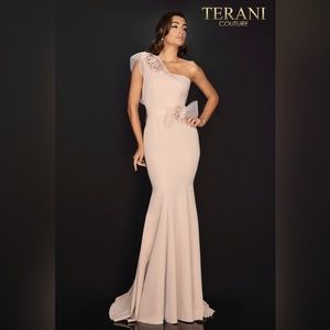 🤎 Terani One Shoulder 3D Bow Nude Satin Sexy Woman Prom Pageant Gown Dress Hot